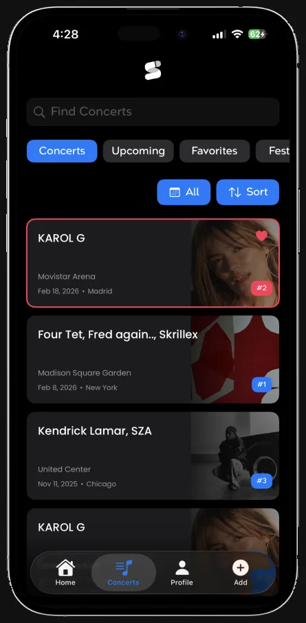 A list of logged shows in Stubs: Karol G at Movistar Arena, Four Tet with Fred again.. and Skrillex at Madison Square Garden, and Kendrick Lamar with SZA at the United Center, each with venue, date and city.