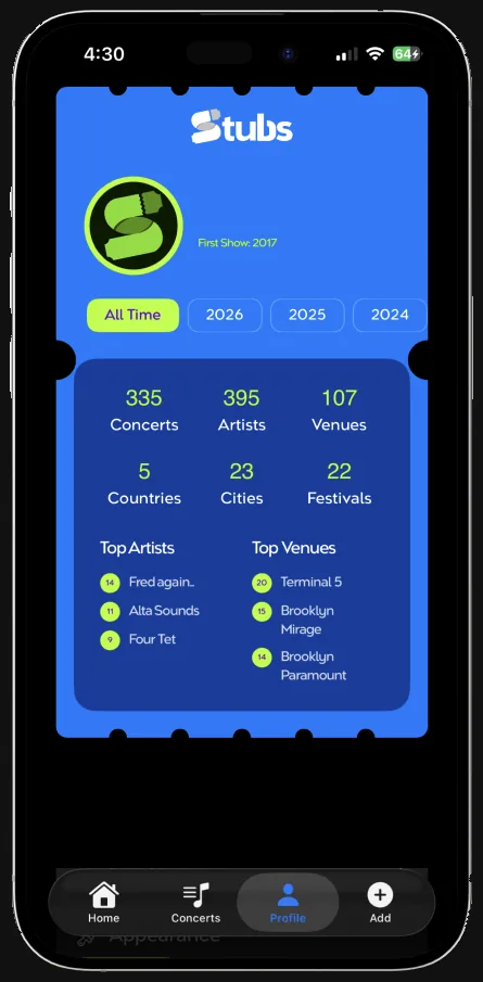 A Stubs profile showing all-time totals: 335 concerts, 395 artists, 107 venues, 5 countries, 23 cities and 22 festivals, with lists of top artists and top venues.